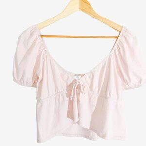SUNDAY BEST Tie Front Puff Sleeve Peplum Top in Pale Pink Cotton Jersey / Small